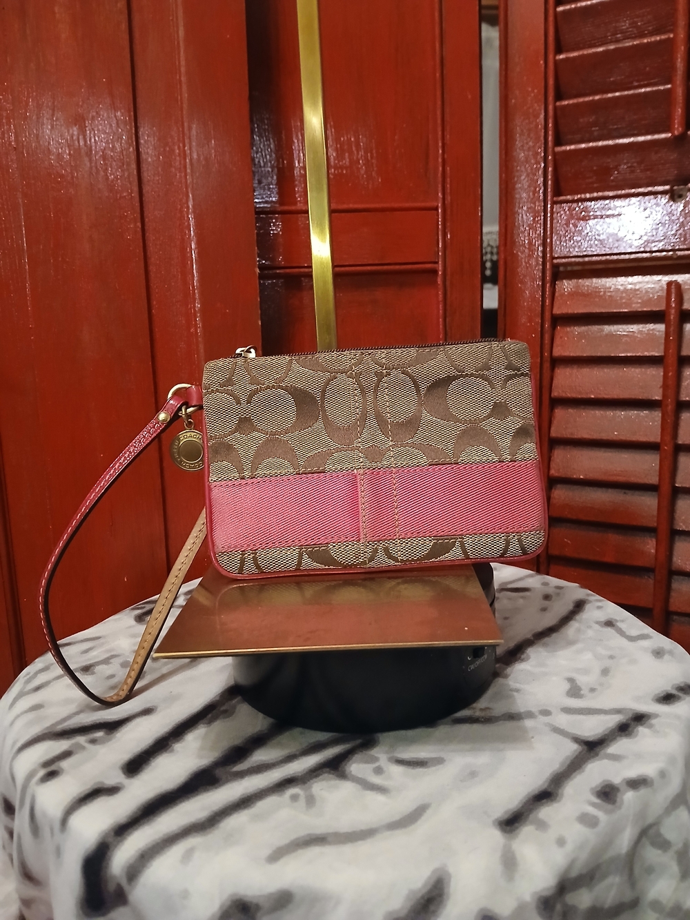 Coach Signature Canvas Wristlet in Brown and Pink
